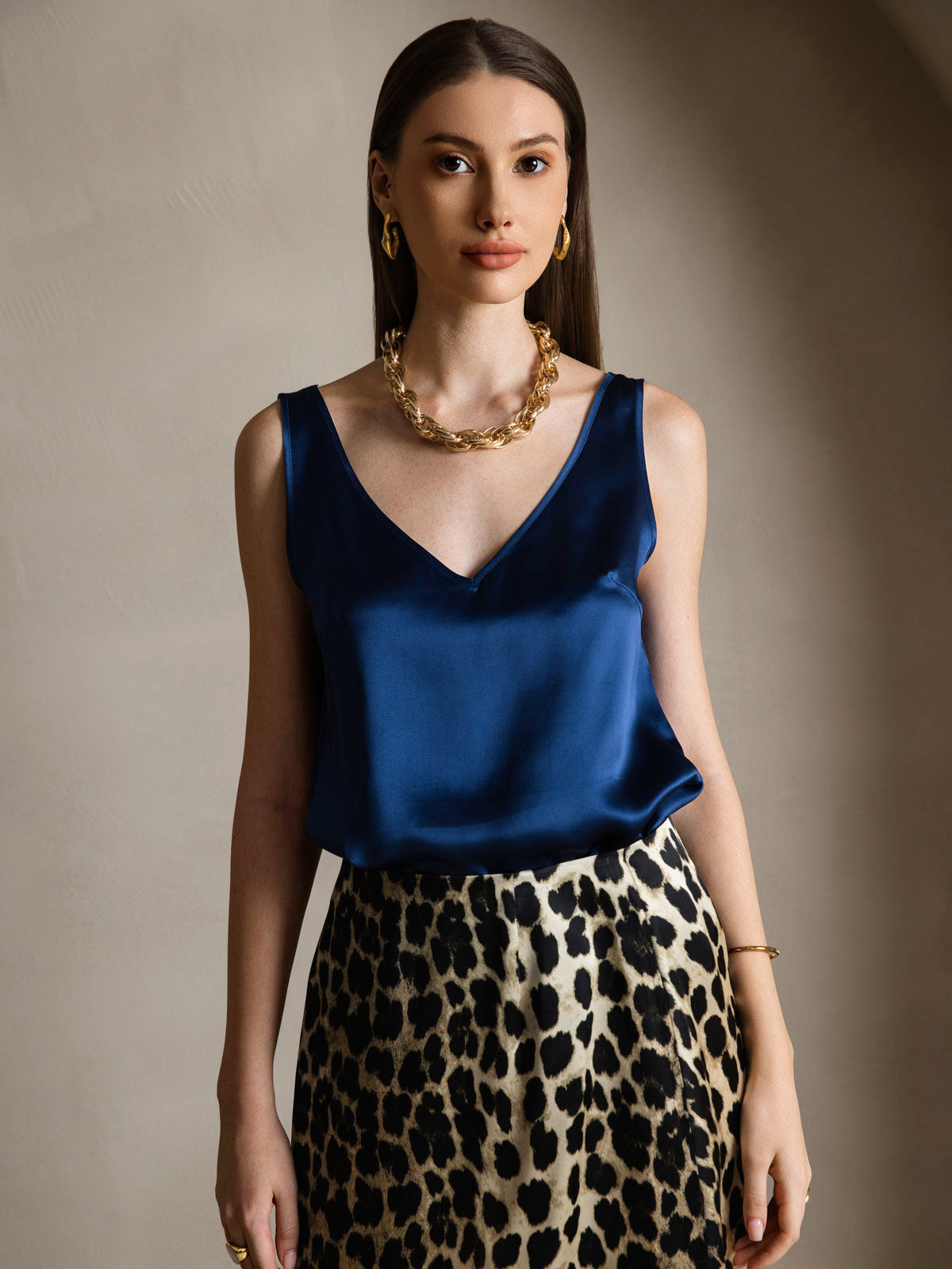 [Mörkblå] SilkSilky-SE 19Momme Ärmlös V Ringning Cami Toppar 004