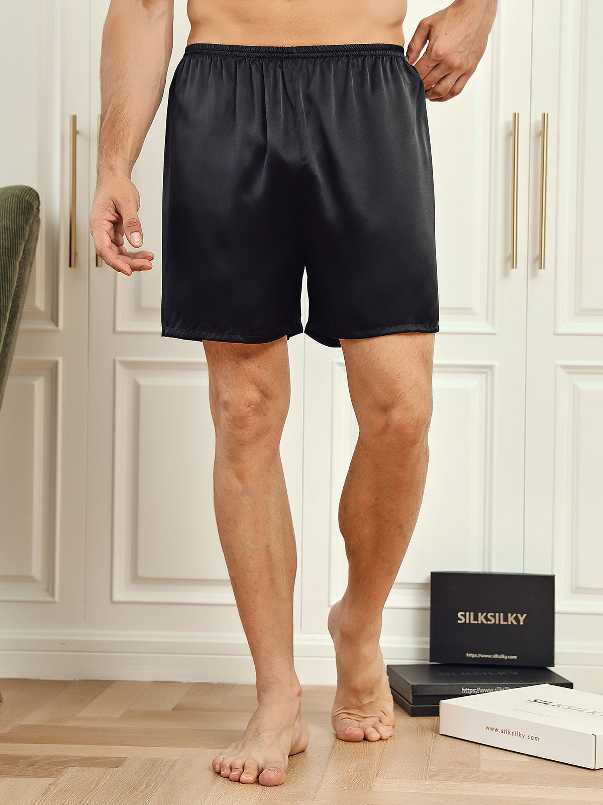 [Svart] SilkSilky-SE 19Momme Mens Sleep Bottoms 001