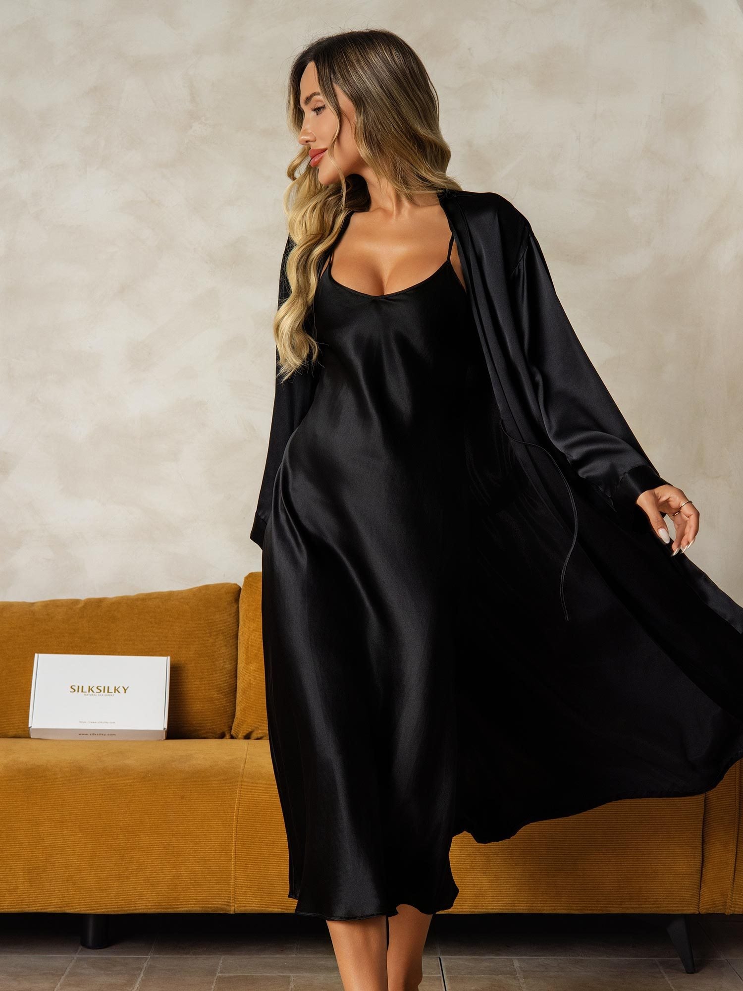 [Svart] SilkSilky-SE Rent Silke Nightgown&Robe Set 005