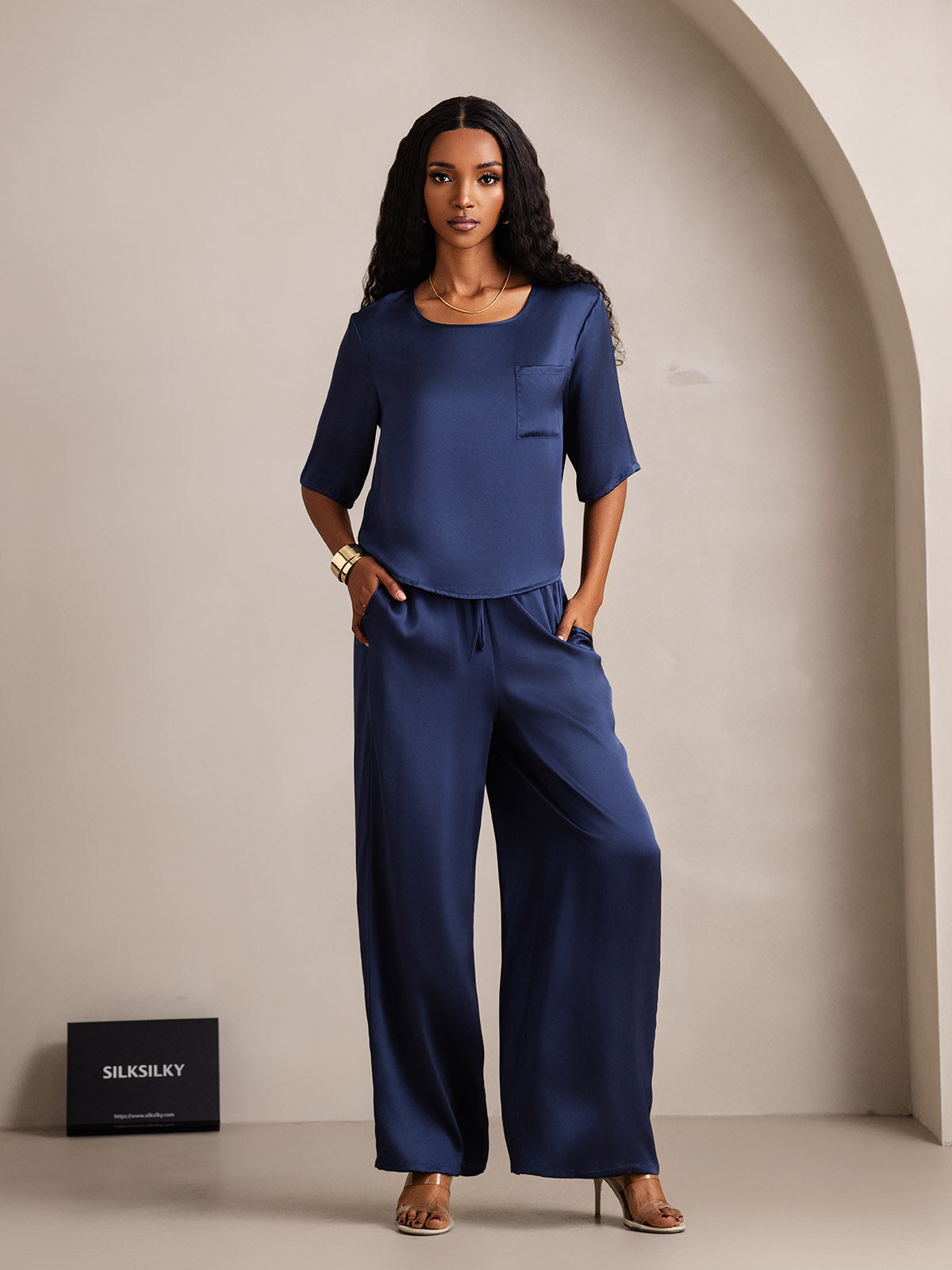 [Mörkblå] SilkSilky-SE Rent Silke Womens Pajamas 001