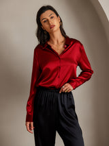 [Röd] SilkSilky-SE Long Sleeve Lapel Collar Damskjorta 004