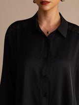 [Svart] SilkSilky-SE Long Sleeve Lapel Collar Blus 004