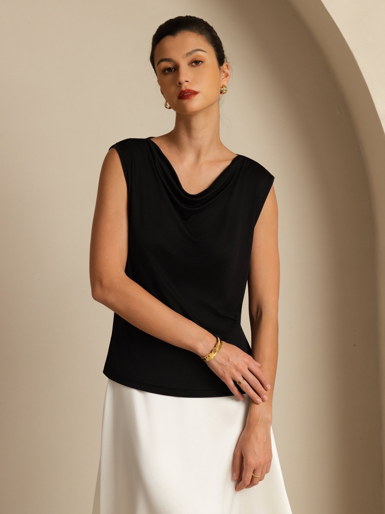 [Svart] SilkSilky-SE Ärmlös Cowl Halsringning Dam T-Shirt 004