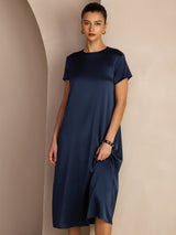 [Mörkblå] SilkSilky-SE Short Sleeve Round Neck Klänning 006