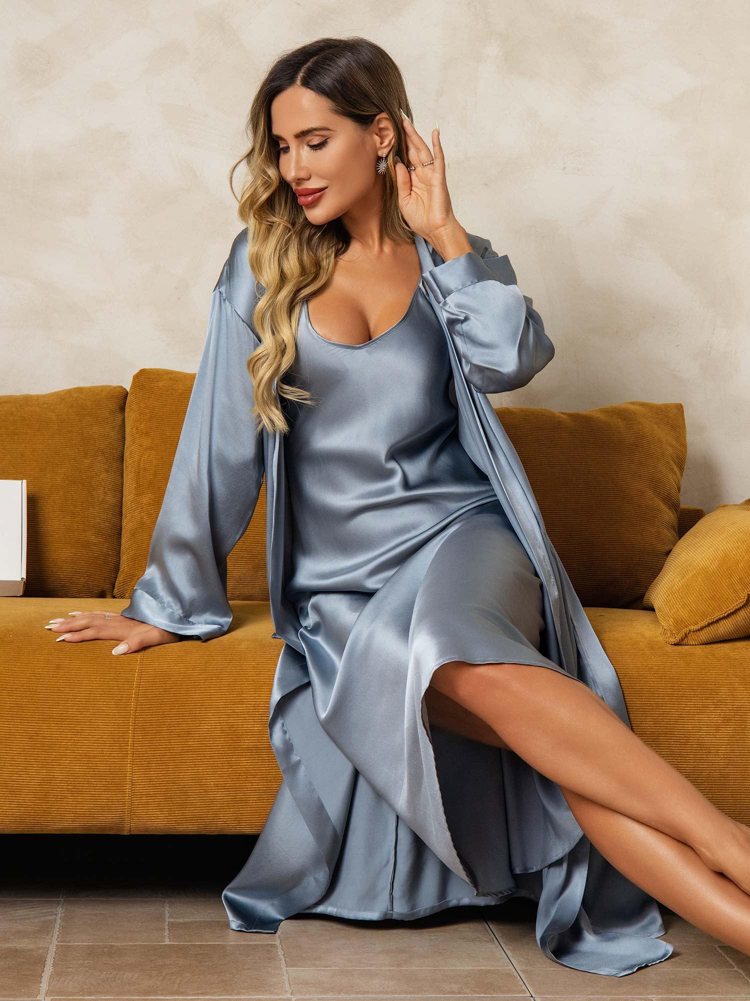 [Gråblå] SilkSilky-SE Rent Silke Nightgown&Robe Set 009