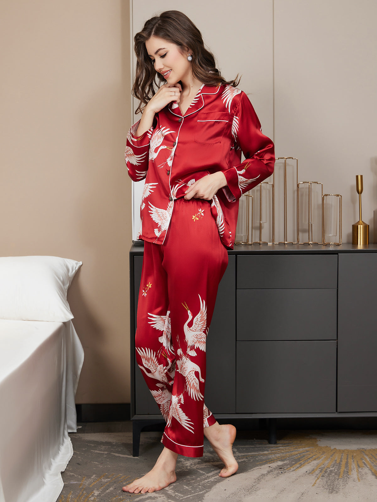 [Mörkröd] SilkSilky-SE 19Momme Lång Ärm Dam Pyjama 004