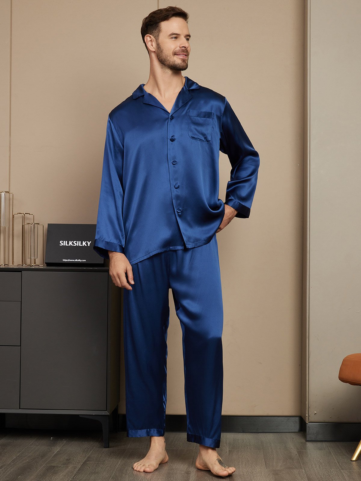 [Mörkblå] SilkSilky-SE Rent Silke Mens Pajamas 005