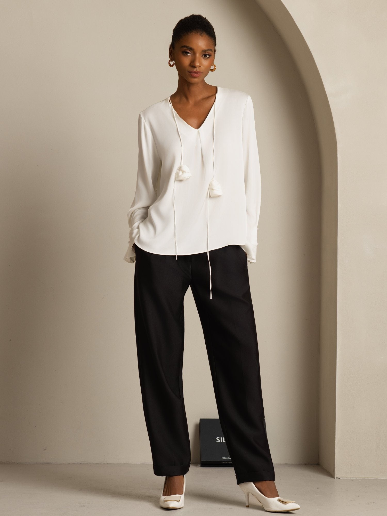 [Vit] SilkSilky-SE 19Momme Silke Lång Ärm V Ringning Blus 008