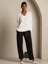 [Vit] SilkSilky-SE Long Sleeve V Neck Damblusar 008
