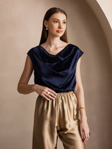[Mörkblå] SilkSilky-SE Cap Sleeve Cowl Neck Dam T-Shirt 004