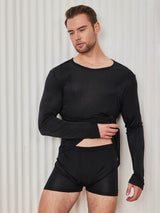 [Svart] SilkSilky-SE Long Sleeve Round Neck Herr T-Shirt 004