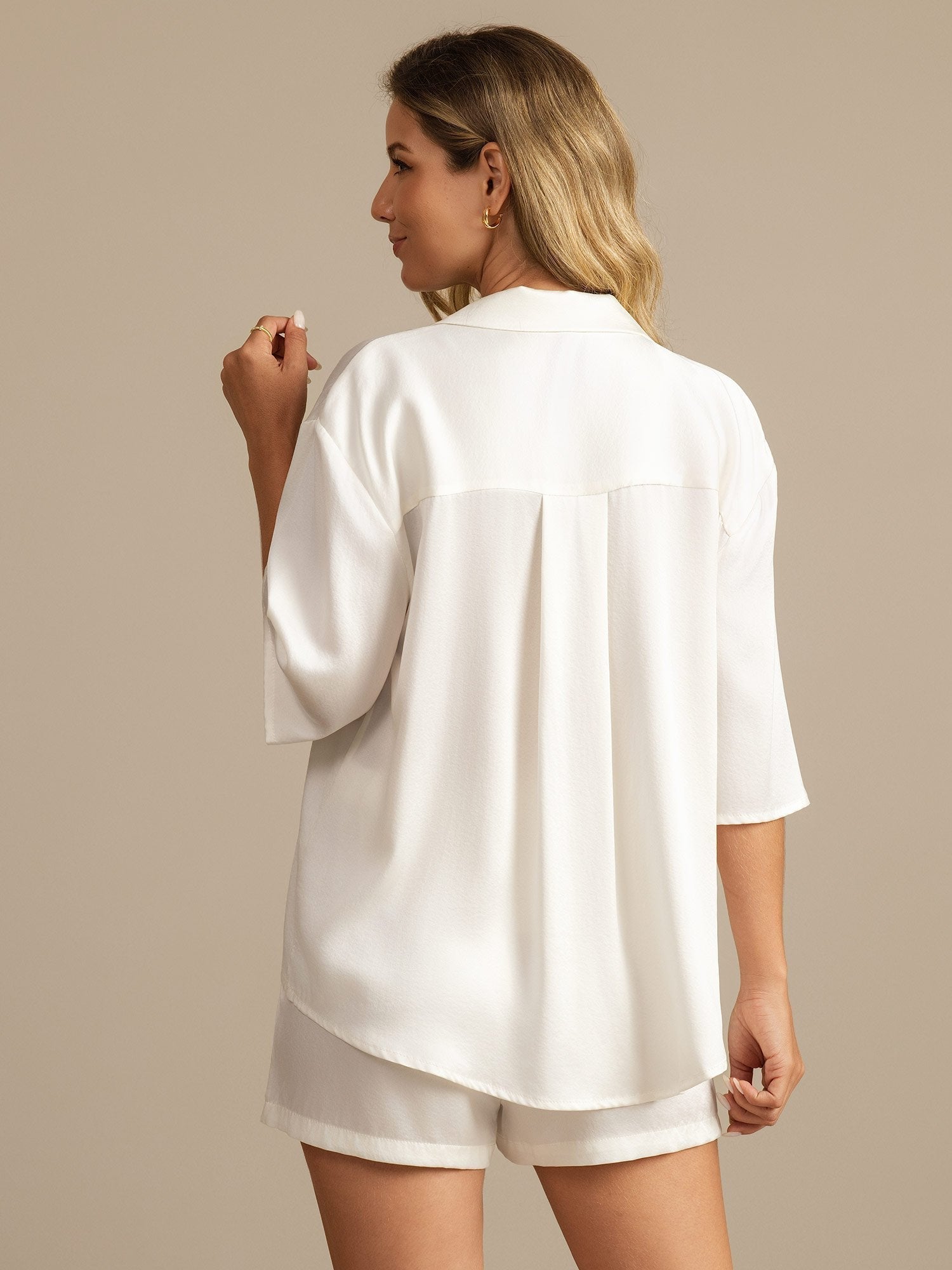 [Vit] SilkSilky-SE 19Momme Hårärm Notchkrage Dam Pyjama 002