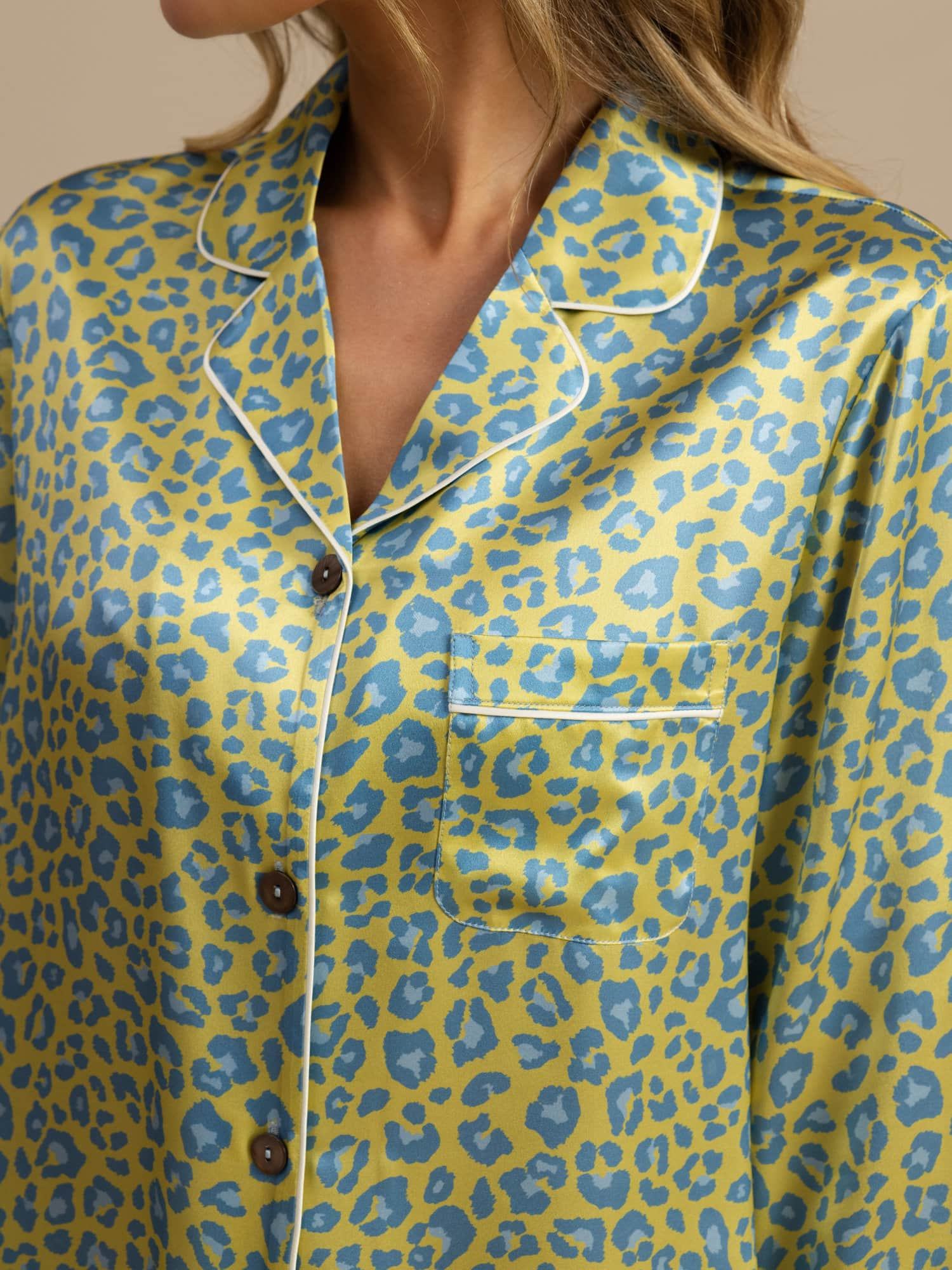 [Grön Leopard] SilkSilky-SE 19Momme Lång Ärm Notchkrage Dam Pyjama 005