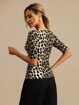 [Leopard] SilkSilky-SE Hårärm Djup Rund Halsringning Dam T-Shirt 002