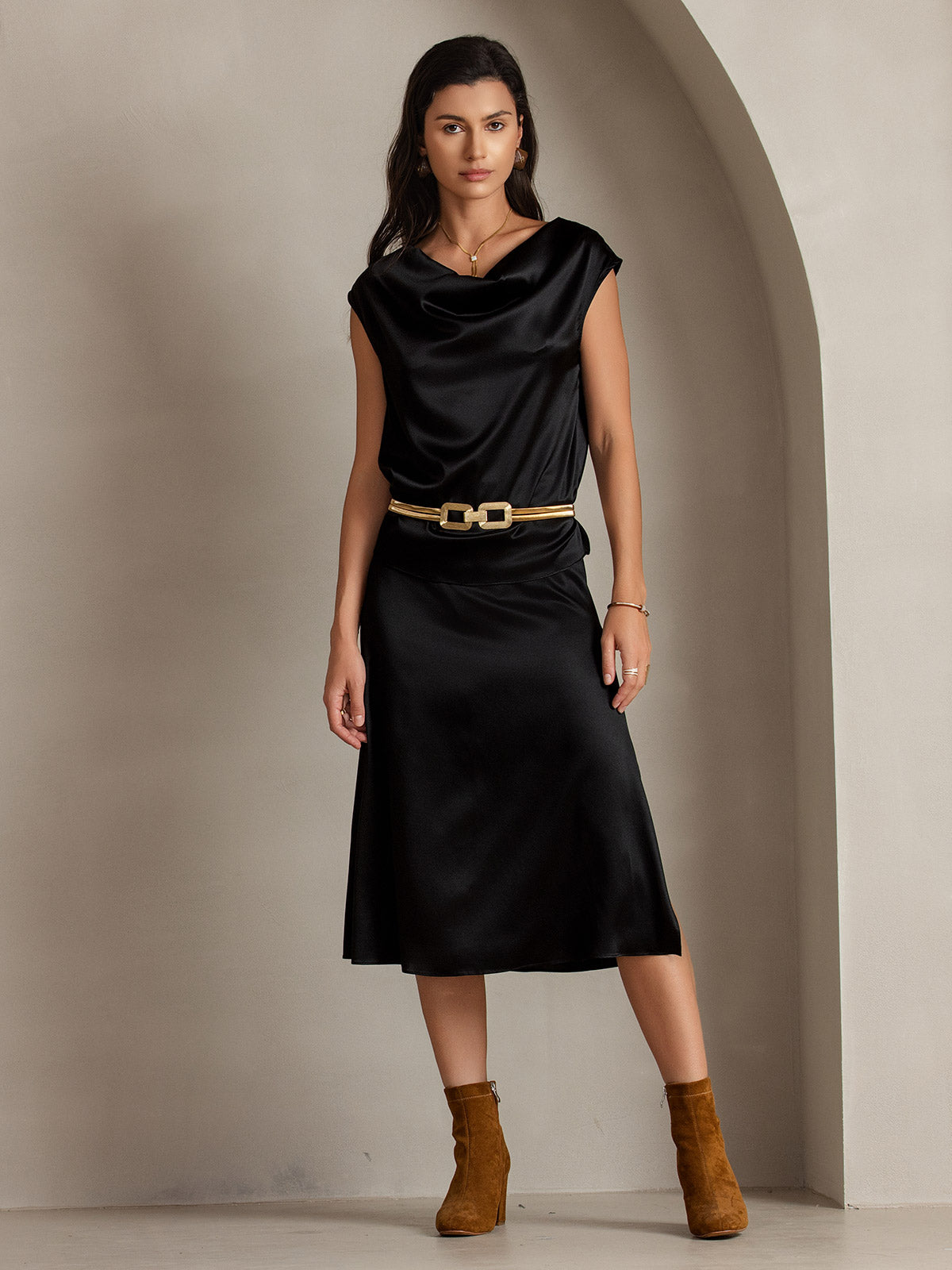 [Svart] SilkSilky-SE 19Momme Silke Skirt 007