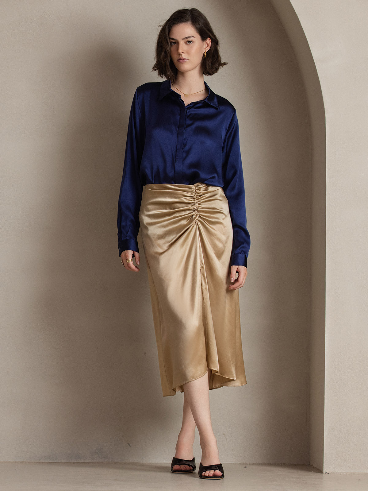 [Mörkblå] SilkSilky-SE 19Momme Silke Lapel Collar Damskjorta 004