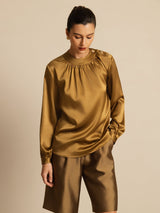 [Brons] SilkSilky-SE 19Momme Lång Ärm Rund Halsringning Blus 003