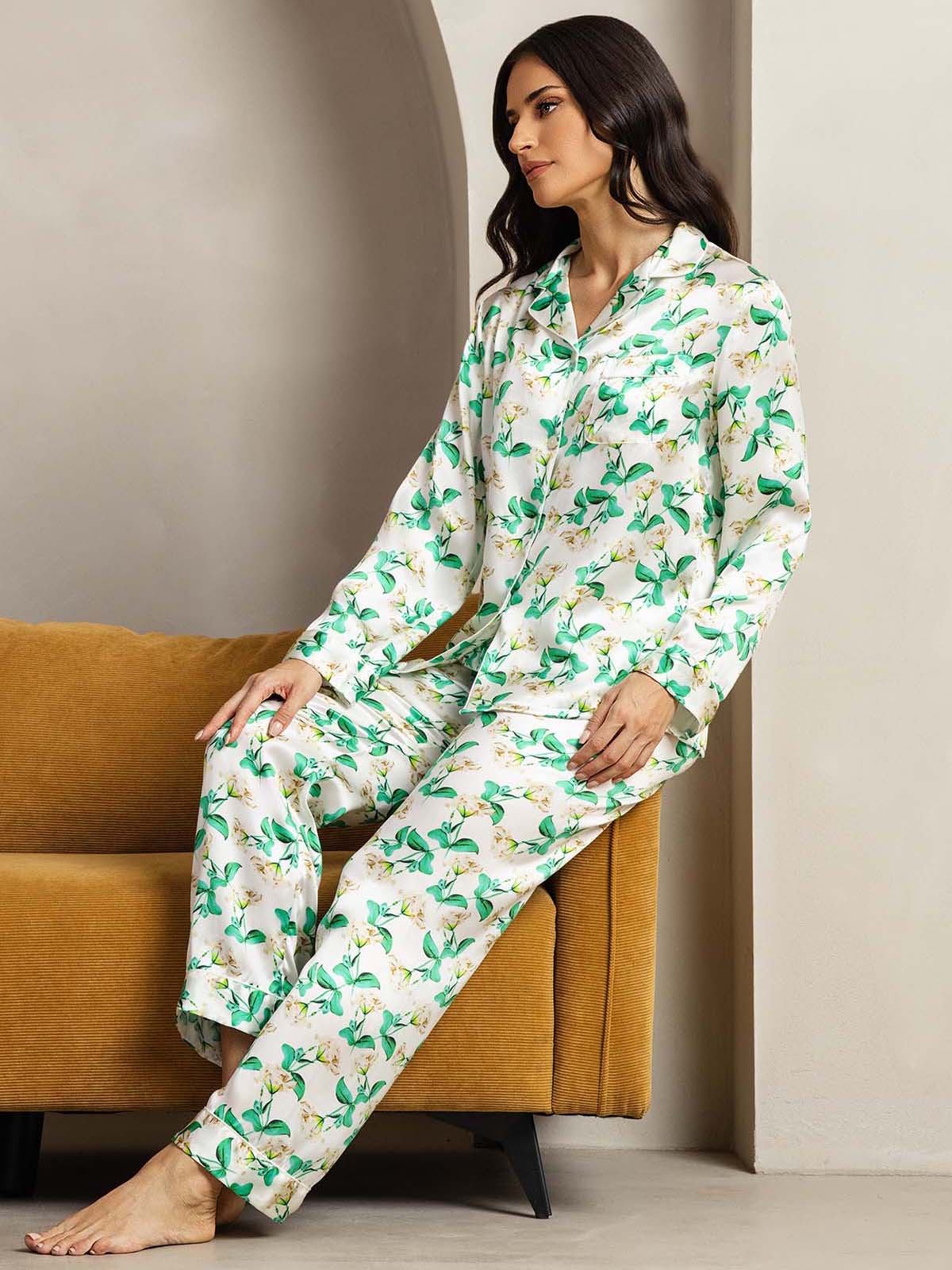 [Grön Blommor] SilkSilky-SE Rent Silke Womens Pajamas 004