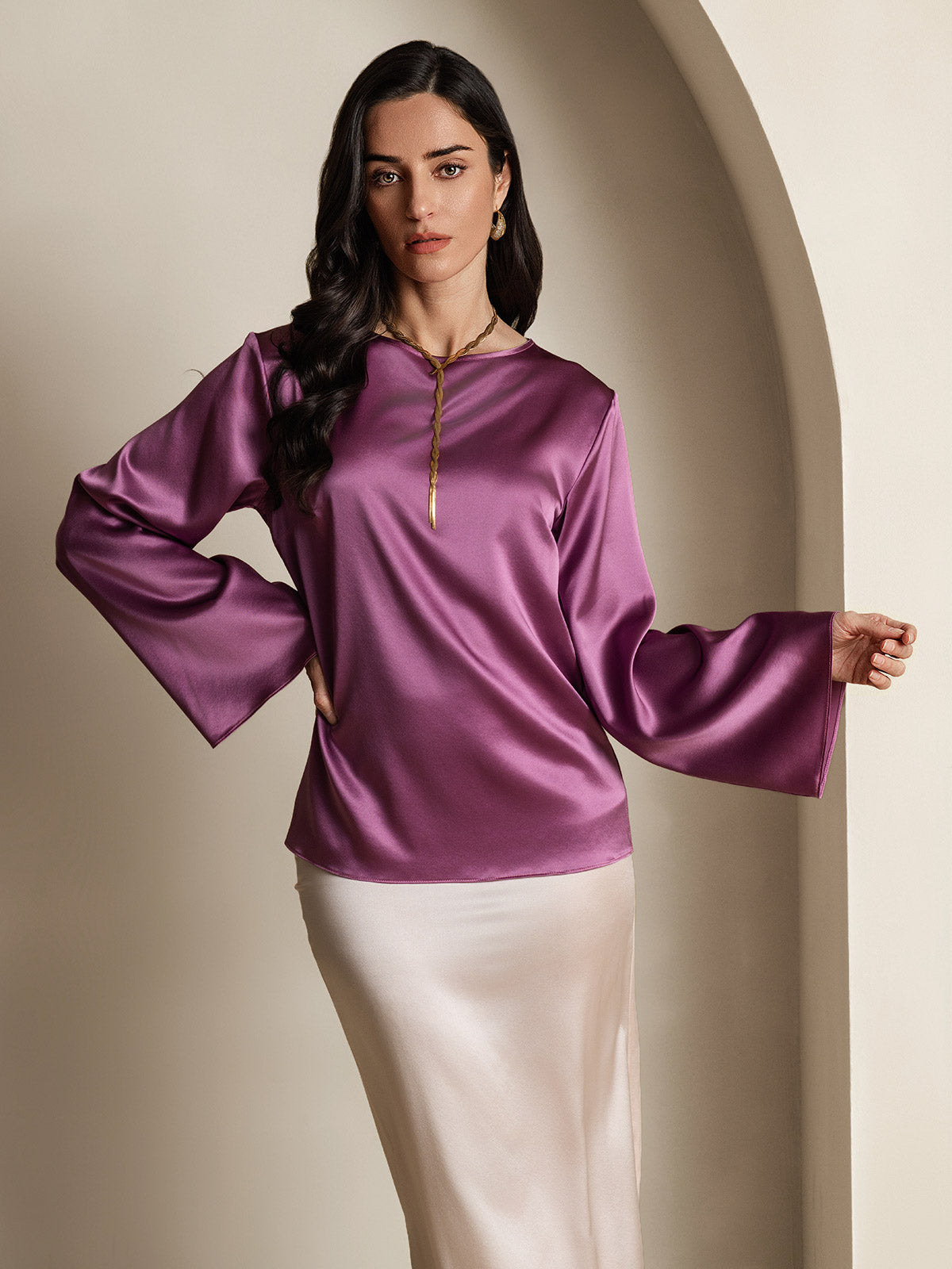 [Mörklila] SilkSilky-SE 19Momme Silke Womens T-Shirt 003