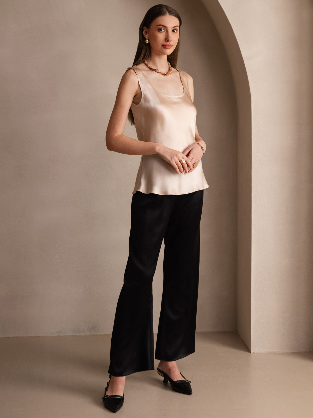 [Champagne] SilkSilky-SE 19Momme Ärmlös Djup Rund Halsringning Cami Toppar 006