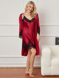 SilkSilky SE Rent Silke 3/4 Ärm Nightgown&Robe Set Mörkröd 005