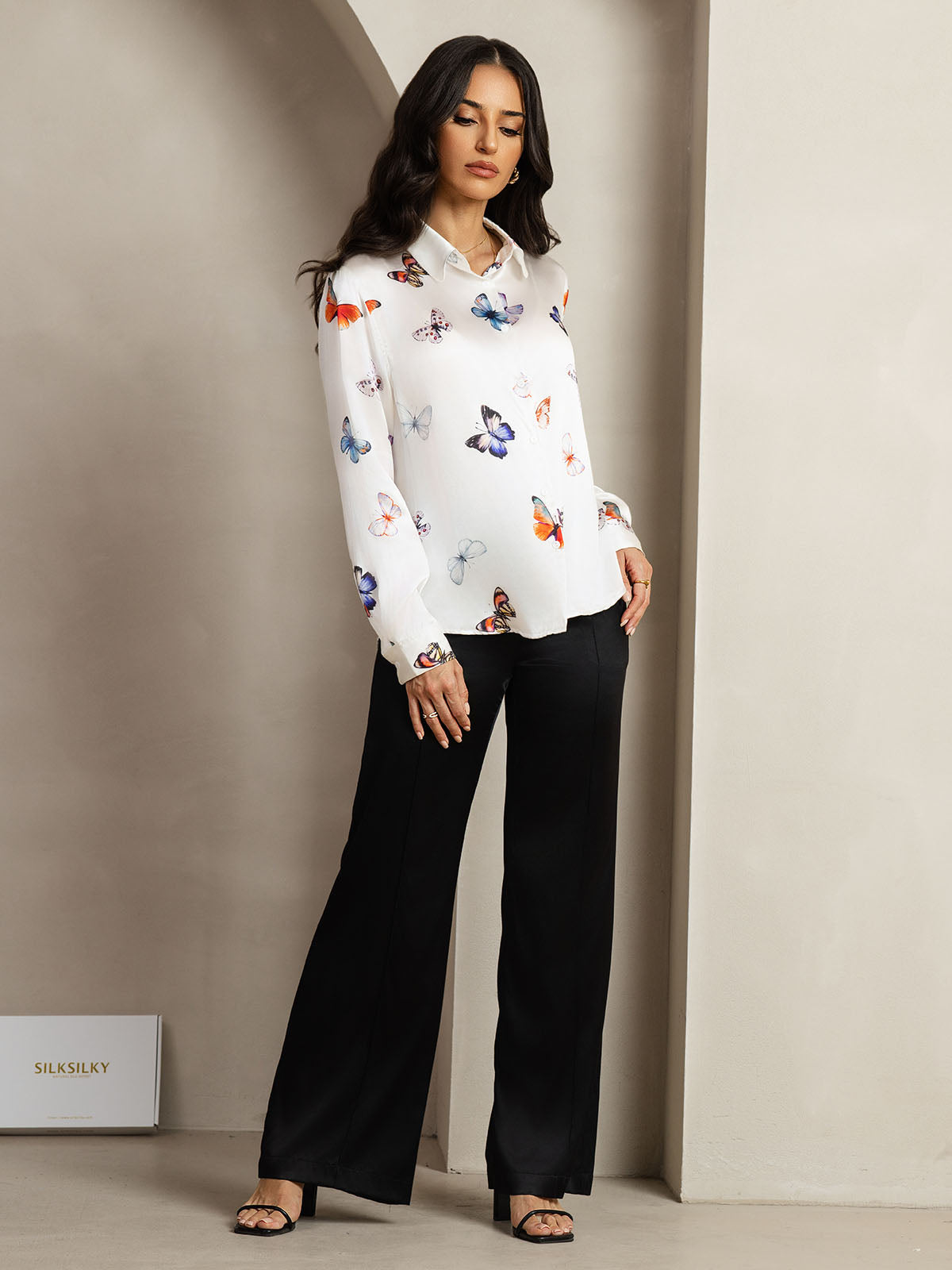 [Vit Fjäril] SilkSilky-SE Silke Lång Ärm Krage Damskjorta 007