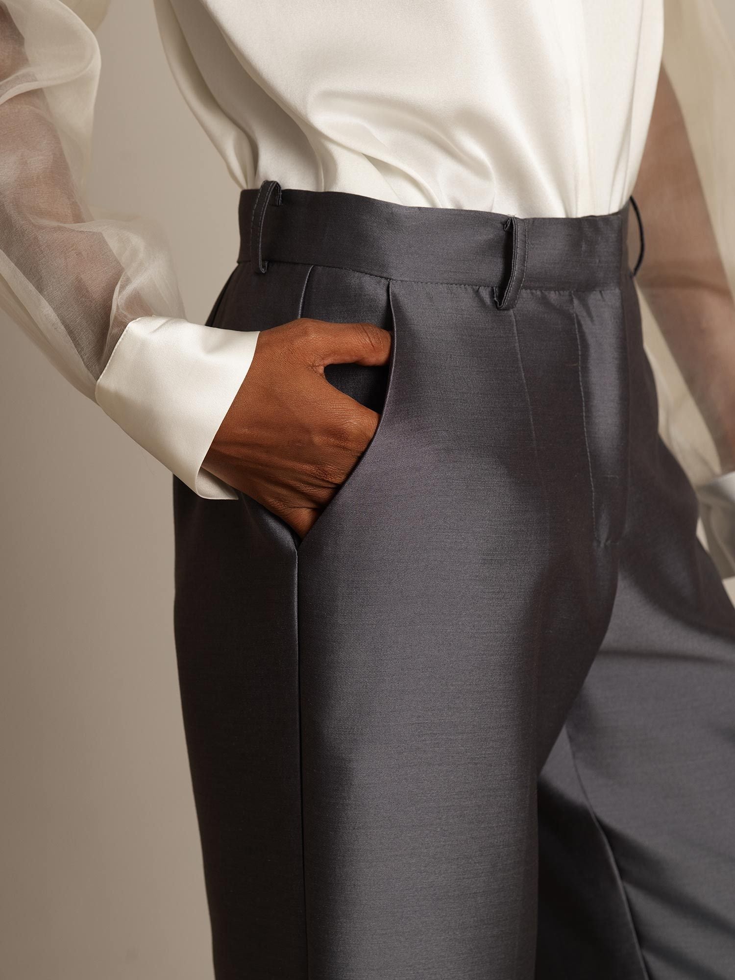 [Grå] SilkSilky-SE 32Momme Silk-Wool Blend Womens Pants 004,