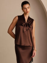 [Mörk Choklad] SilkSilky-SE Sleeveless Tie Neck Cami Toppar 003