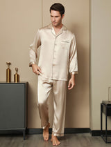 [Tan] SilkSilky-SE Rent Silke Lång Ärm Slag Herr Pyjama 007
