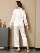 [Vit] SilkSilky-SE Rent Silke Lång Ärm Womens Pajamas 003