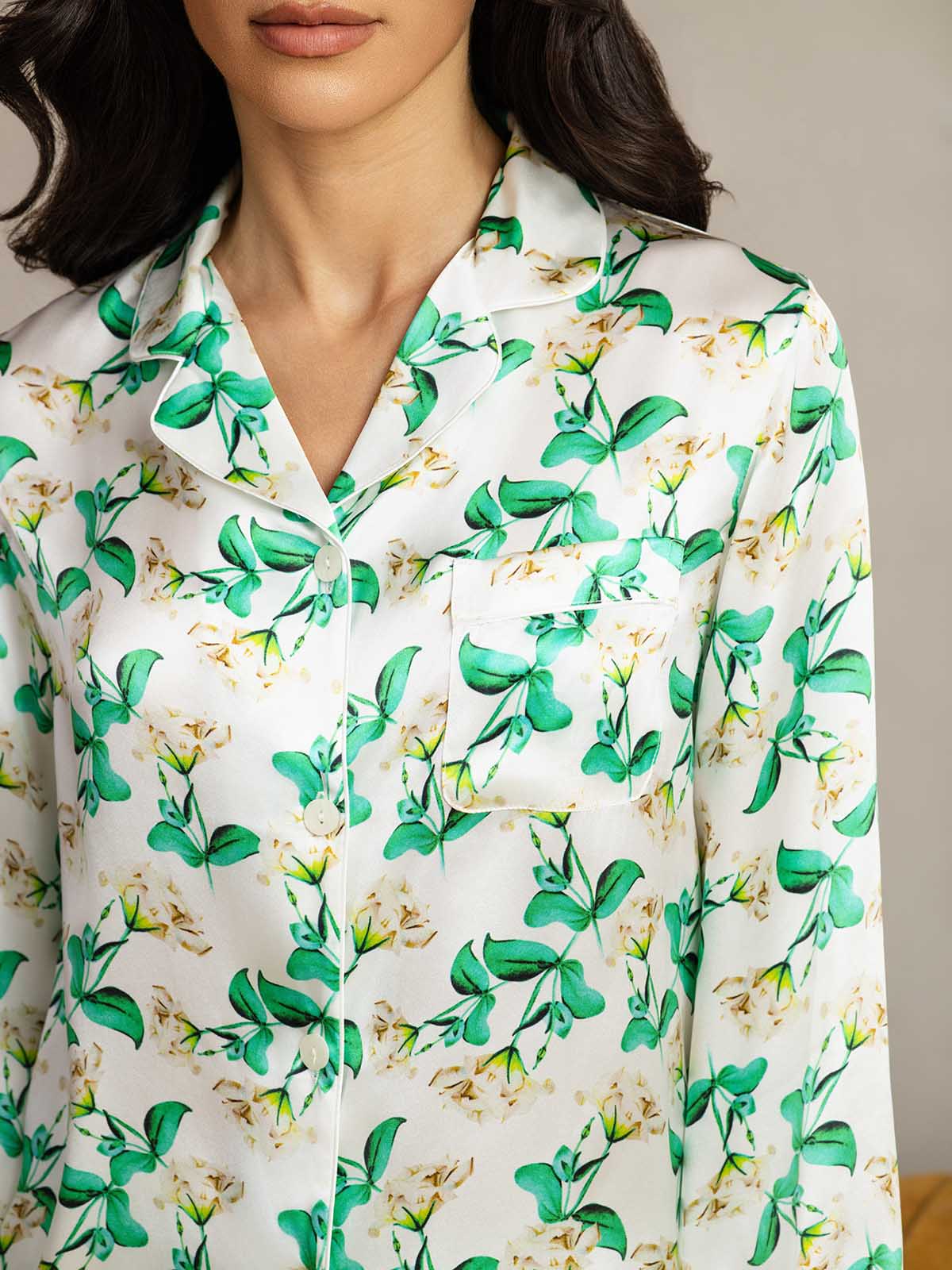 [Grön Blommor] SilkSilky-SE Rent Silke Womens Pajamas 007