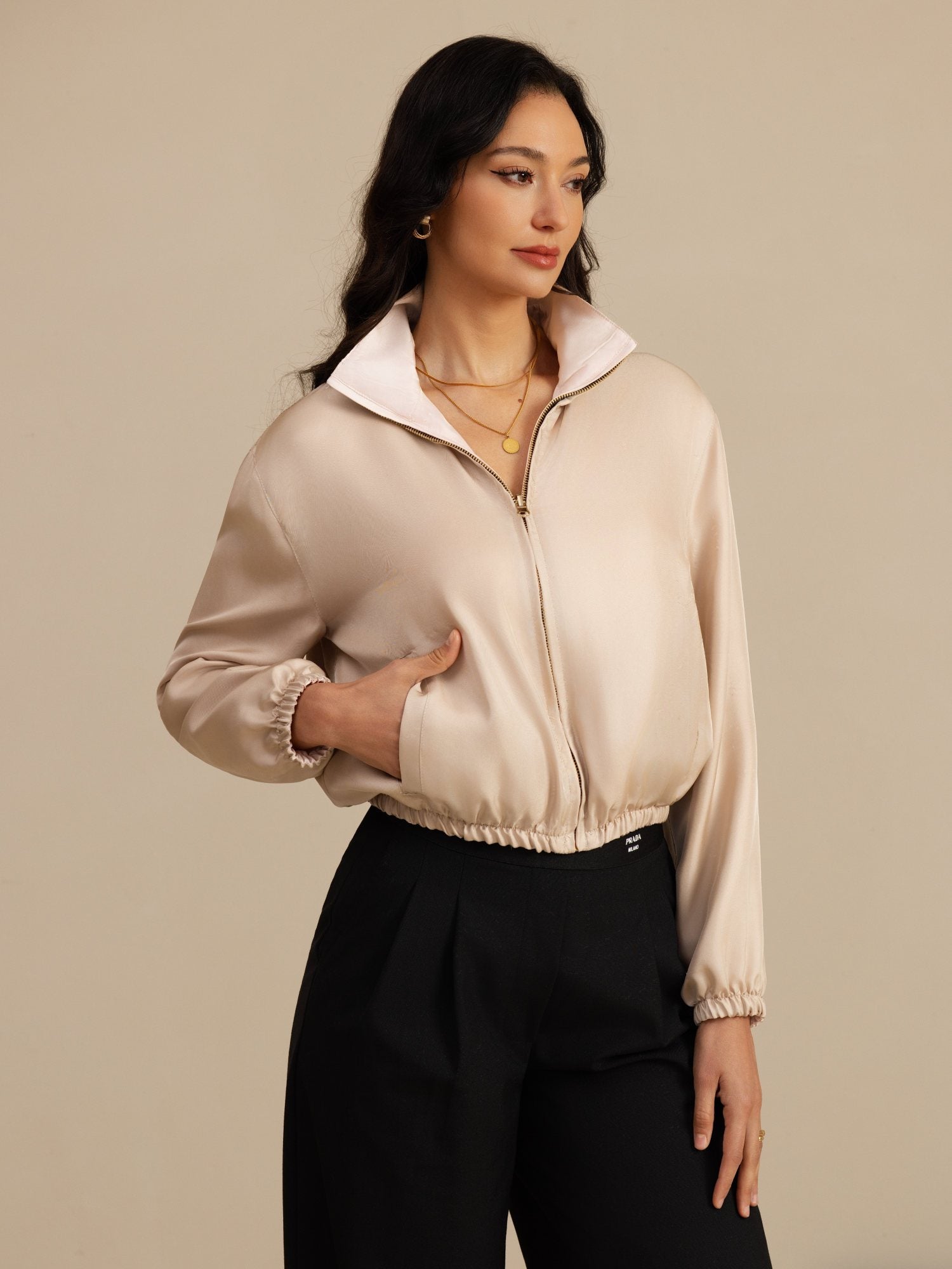 [Tan+Rosa] SilkSilky-SE 18Momme Lång Ärm Ståkrage Dam Ytterkläder 001
