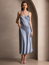 [Gråblå] SilkSilky-SE Spaghetti Strap V Neck Klänning 003