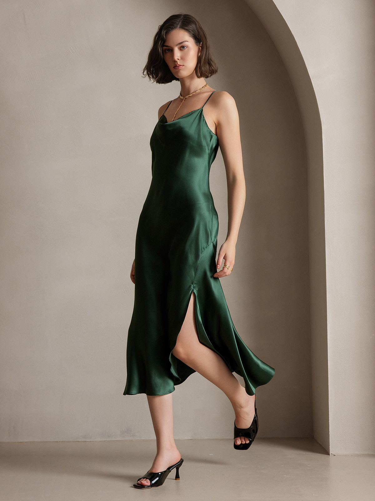 [Mörkgrön] SilkSilky-SE 19Momme Rent Silke Dress 007