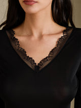 [Svart] SilkSilky-SE Long Sleeve V Neck Dam Långkalsonger 005