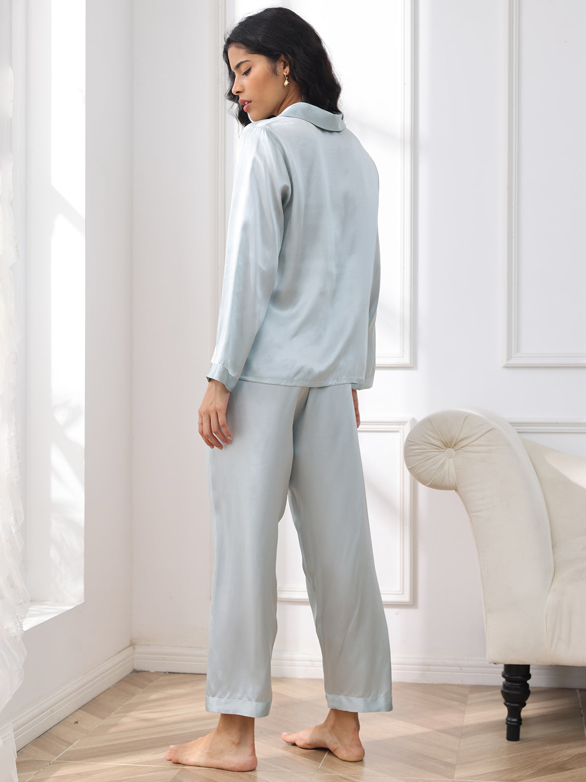 [Ljusblå] SilkSilky-SE Rent Silke Womens Pajamas 002