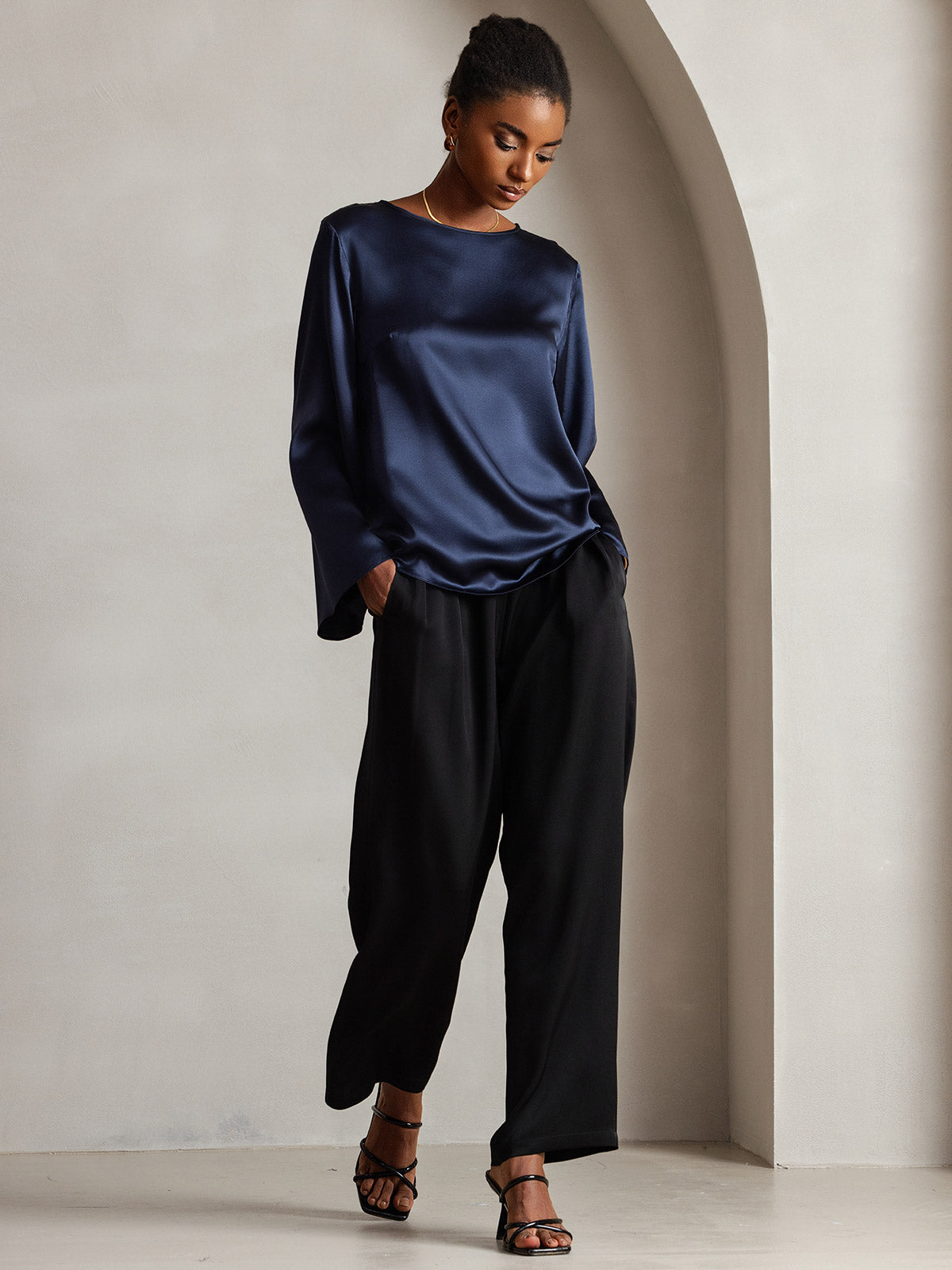 [Mörkblå] SilkSilky-SE 19Momme Silke Womens T-Shirt 004,