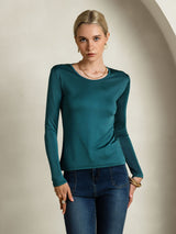 [Posy Grön] SilkSilky-SE Lång Ärm Rund Halsringning Dam T-Shirt 004