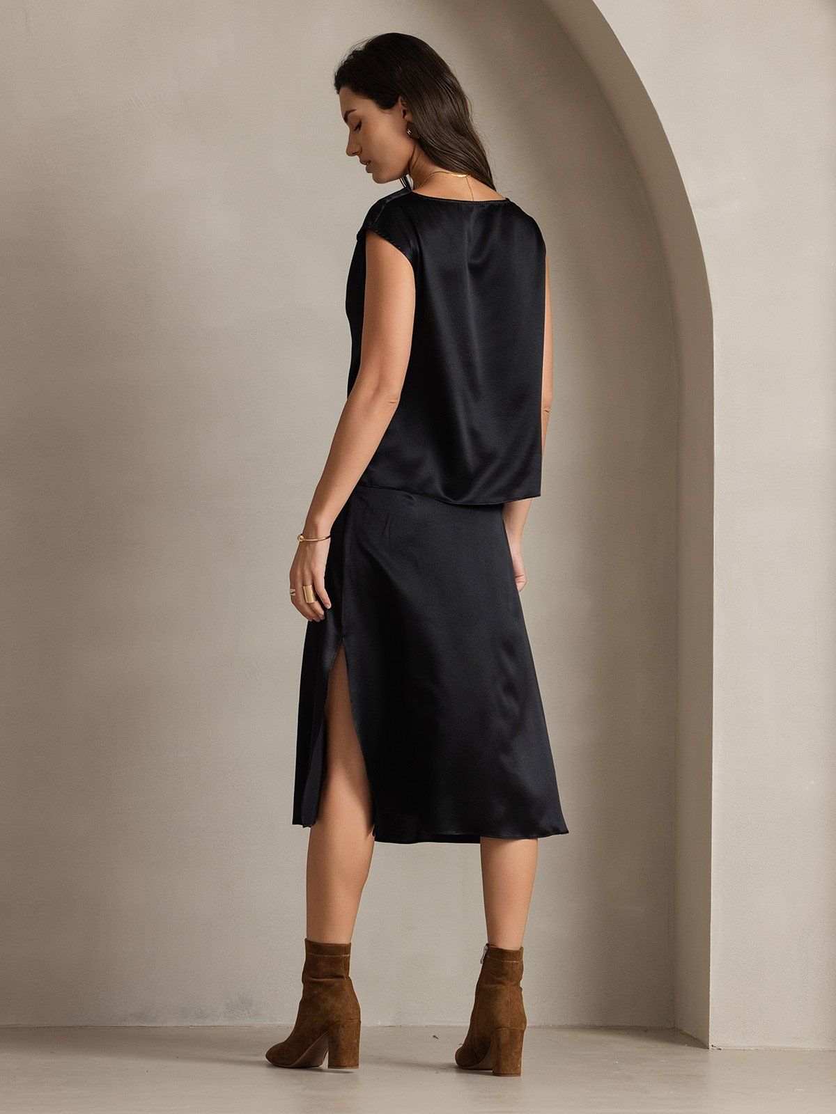 [Svart] SilkSilky-SE 19Momme Silke Ärmlös Womens T-Shirt 002