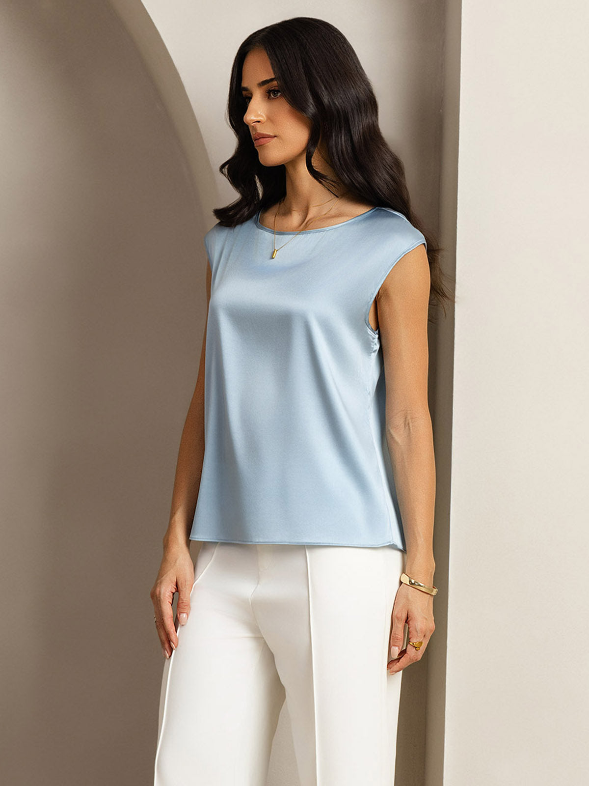 [Gråblå] SilkSilky-SE 19Momme Silke Womens T-Shirt 005