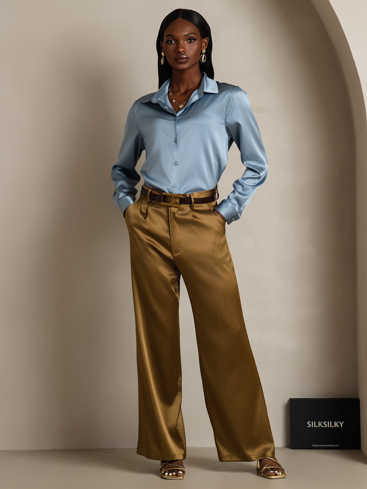 [Gråblå] SilkSilky-SE Silke Lång Ärm Krage Damskjorta 005