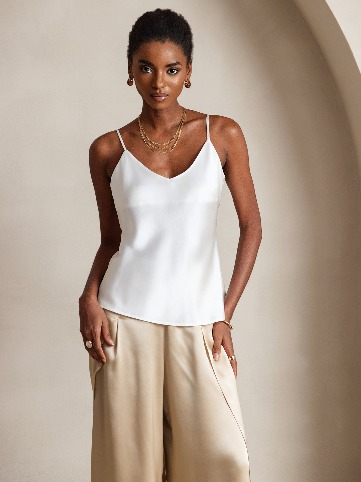 [Vit] SilkSilky-SE Rent Silke V-Hals Cami Toppar 001