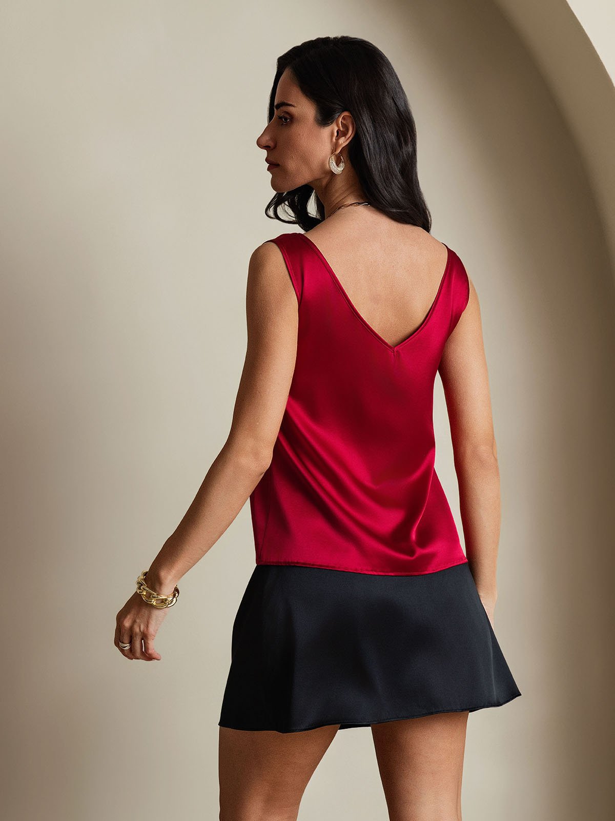 [Vin] SilkSilky-SE 19Momme Ärmlös V Ringning Cami Toppar 002