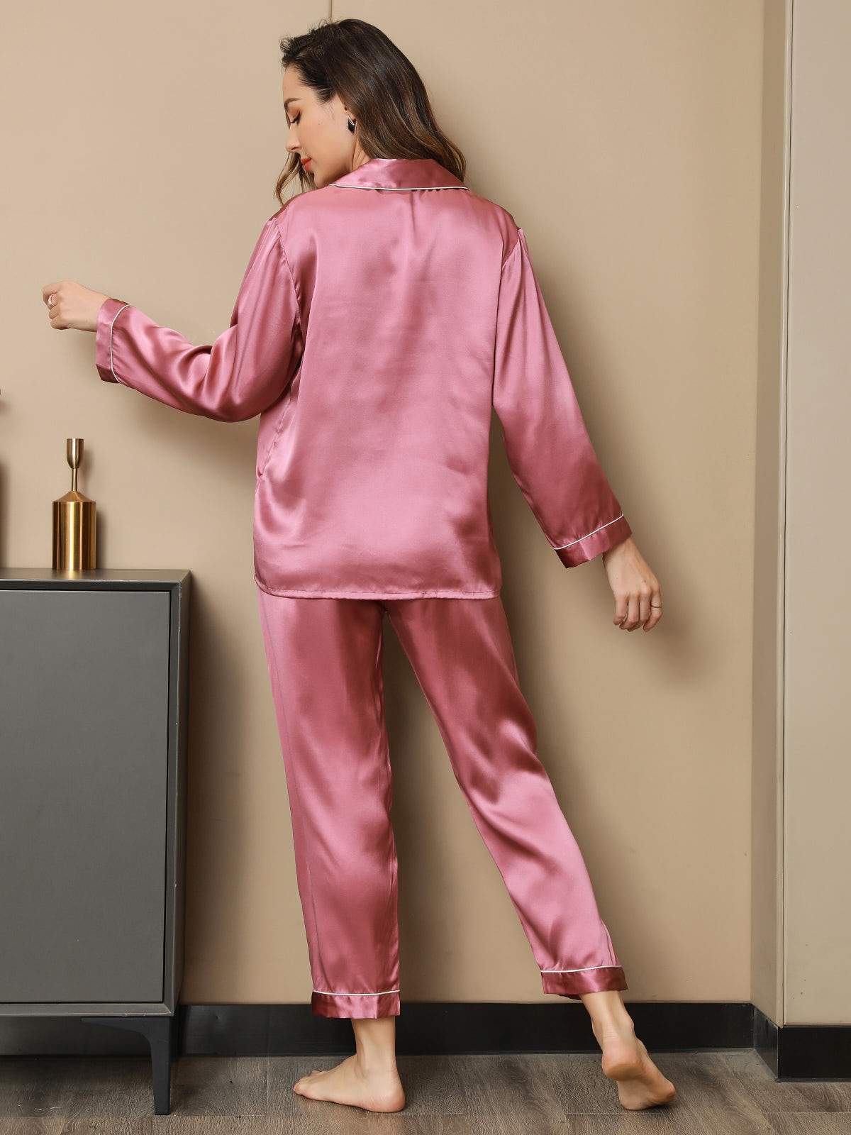 SilkSilky-SE Rent Silke Lång Ärm Slag Dam Pyjama BlekMauve 002
