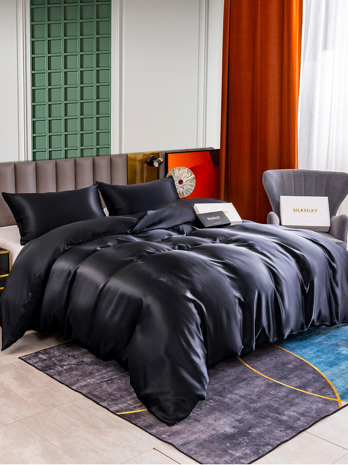 [Svart] SilkSilky-SE 25Momme Rent Silke Bedding Set 001