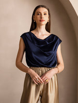 [Mörkblå] SilkSilky-SE Cap Sleeve Cowl Neck Dam T-Shirt 003