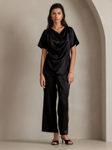 [Svart] SilkSilky-SE Short Sleeve Cowl Neck Damblusar 004