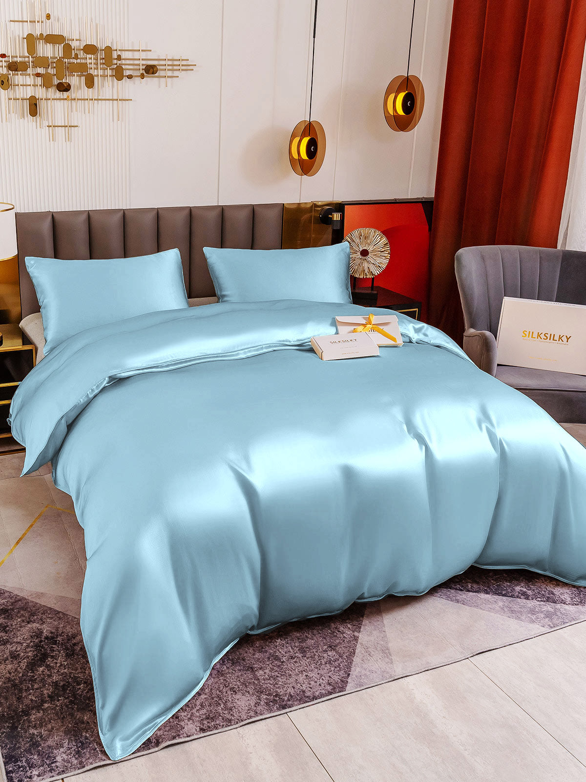 SilkSilky SE 19Momme Rent Silke Bedding Set Ljusblå 003