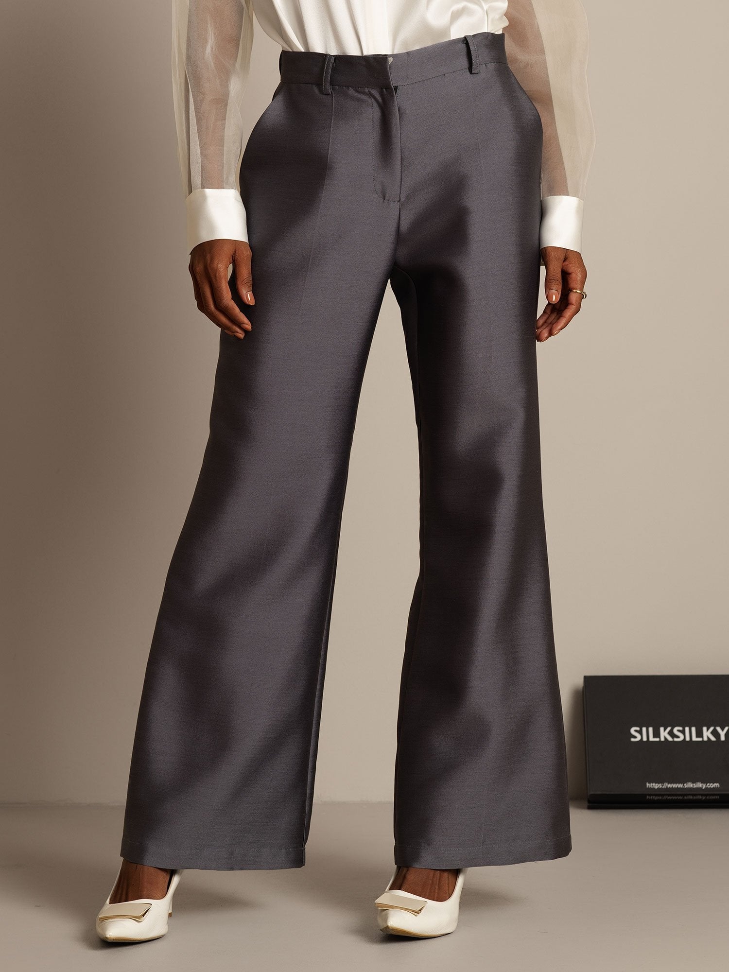 [Grå] SilkSilky-SE 32Momme Silk-Wool Blend Womens Pants 005,