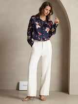 [Marin Blommor] SilkSilky-SE Long Sleeve Lapel Collar Damskjorta 006